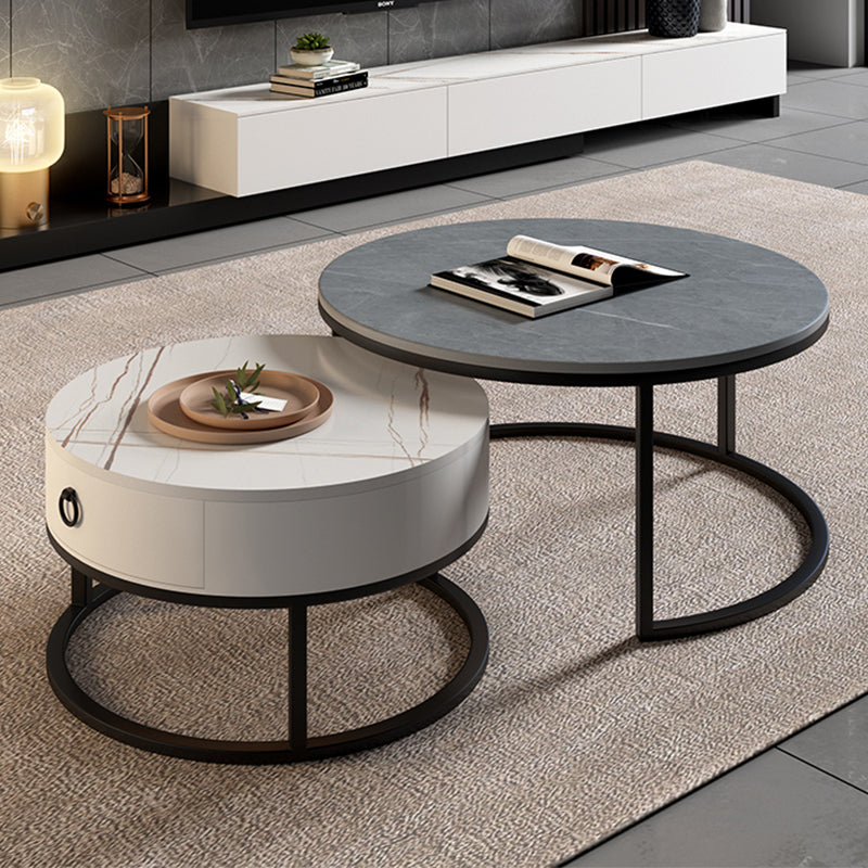 Round Brown Glass Coffee Table with Drawers Frame 2 Nesting Cocktail Table