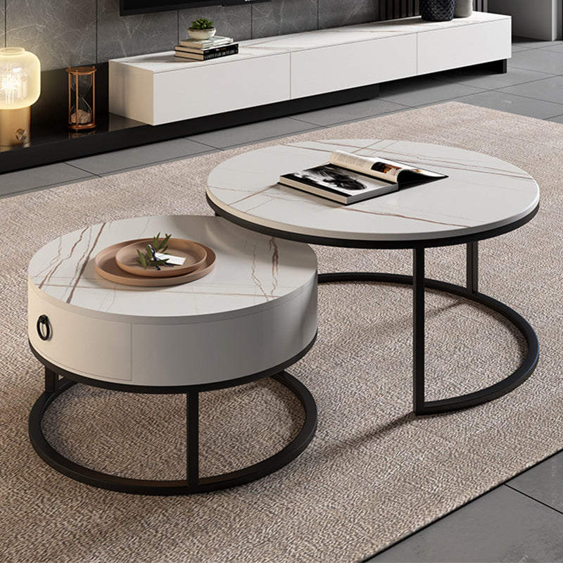 Round Brown Glass Coffee Table with Drawers Frame 2 Nesting Cocktail Table