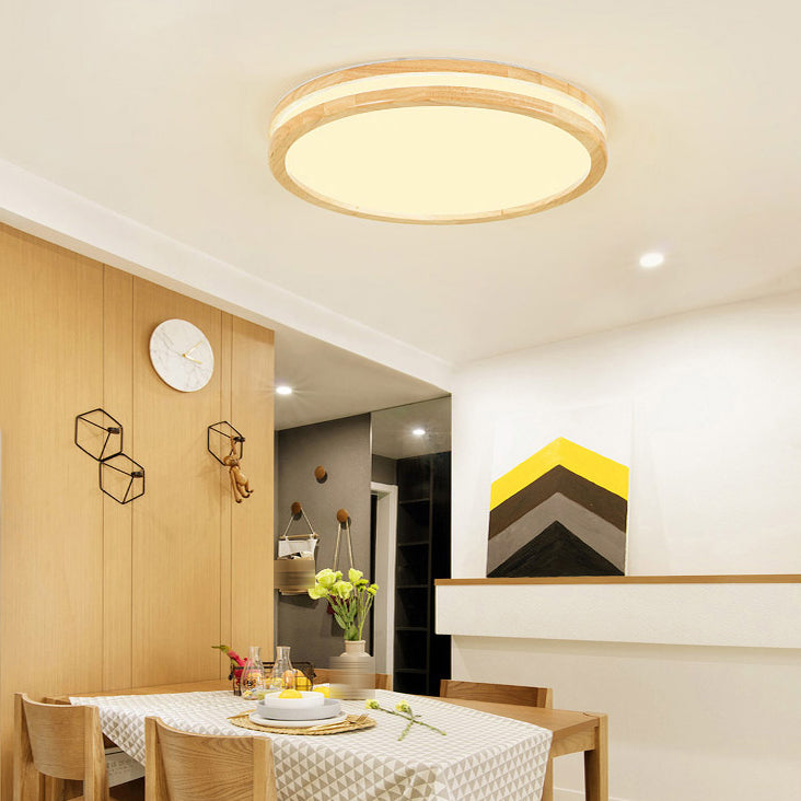 Round Shape Wood Flush Ceiling Light Modern Style 1 Light Flush Mount Lighting in Brown