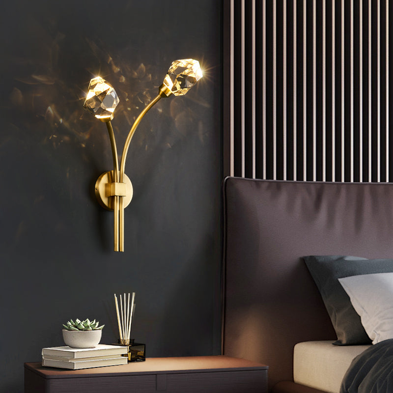 Modern Brass Wall Light 2 Lights Wall Sconce with Crystal for Living Room