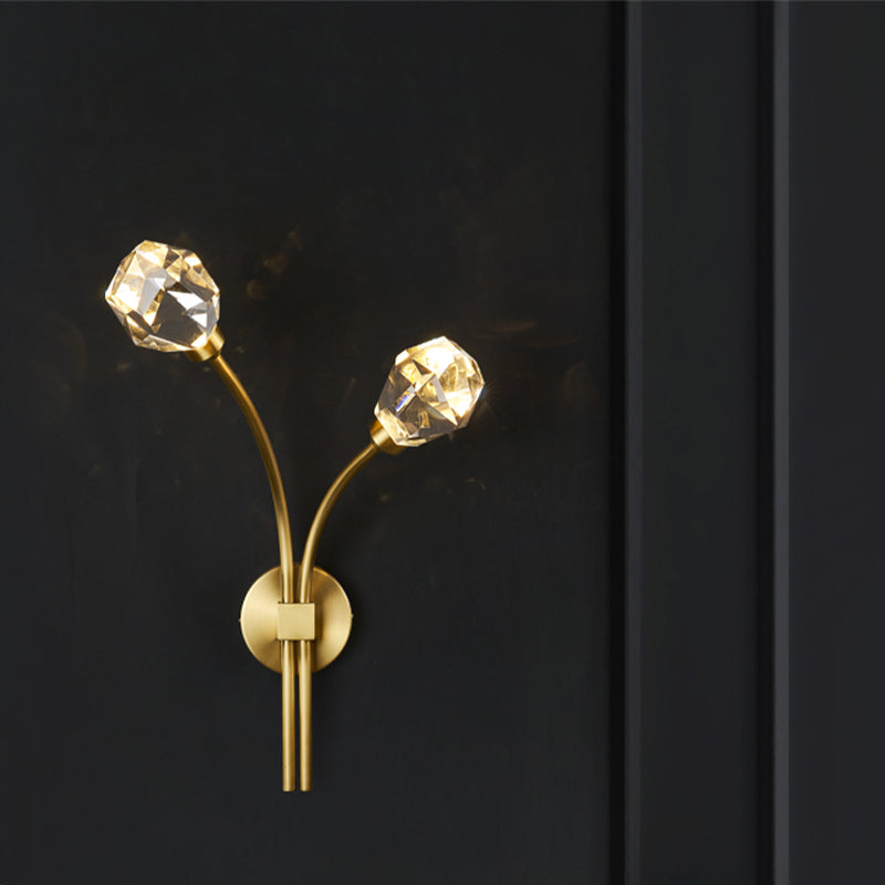 Modern Brass Wall Light 2 Lights Wall Sconce with Crystal for Living Room