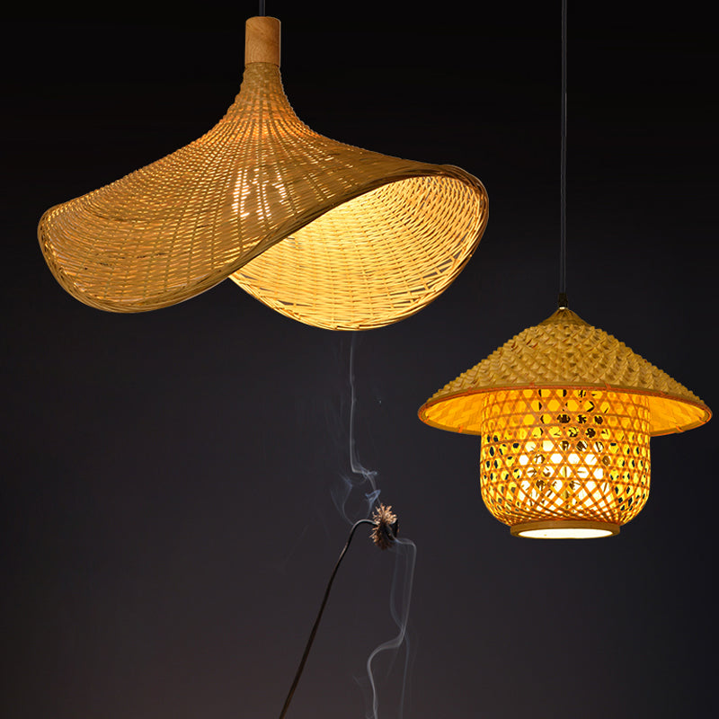 Hand-Weave Bamboo Pendant Lighting Asian 1-Bulb Hanging Light for Staircase