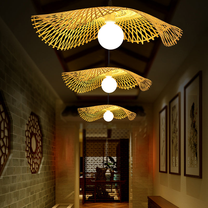 Hand-Weave Bamboo Pendant Lighting Asian 1-Bulb Hanging Light for Staircase