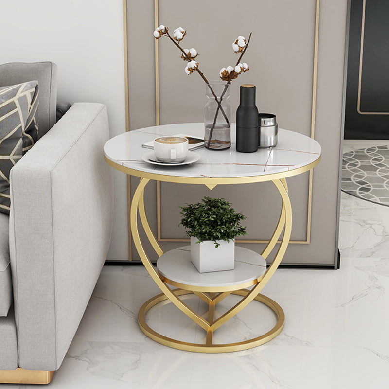 Luxury Marble Round Accent Side Table Abstract Metal Frame End Table with Shelf