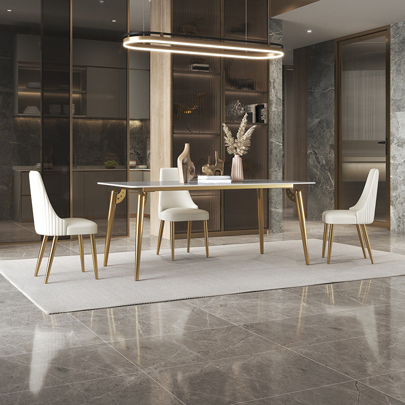 Traditional Luxury Dining Table White Sintered Stone 4 Legs Table with Gold Frame