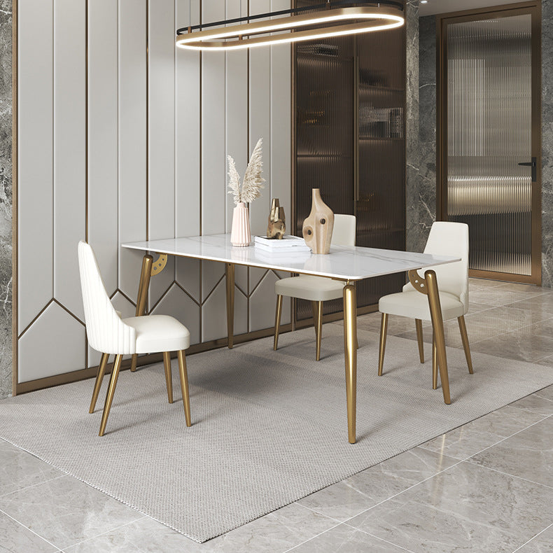 Traditional Luxury Dining Table White Sintered Stone 4 Legs Table with Gold Frame