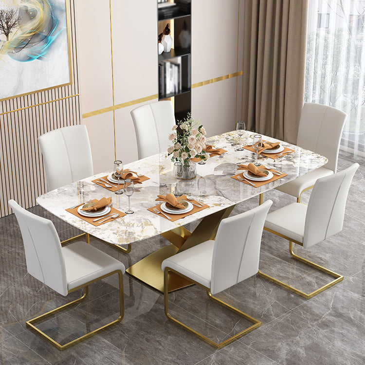 Sintered Stone Top Table for Restaurant Luxury Rectangle Table with Gold Metal Pedestal