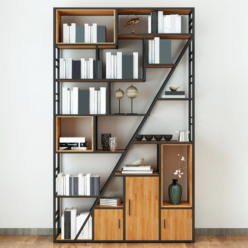 Metal and Wooden Shelf Bookcase with Doors Modern Bookshelf for Office
