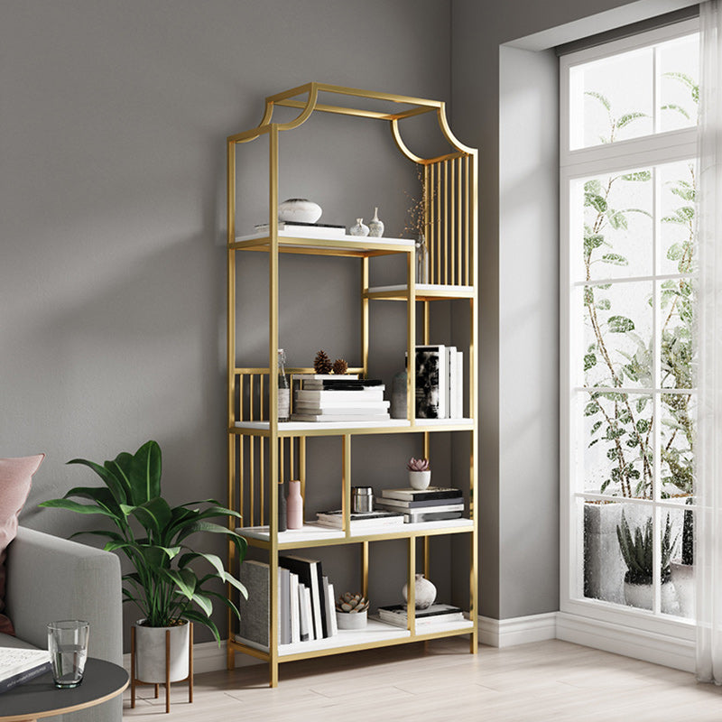 Gold Iron Frame Geometric Bookshelf Vertical Open Bookcase with Manufactured Wood Shelf