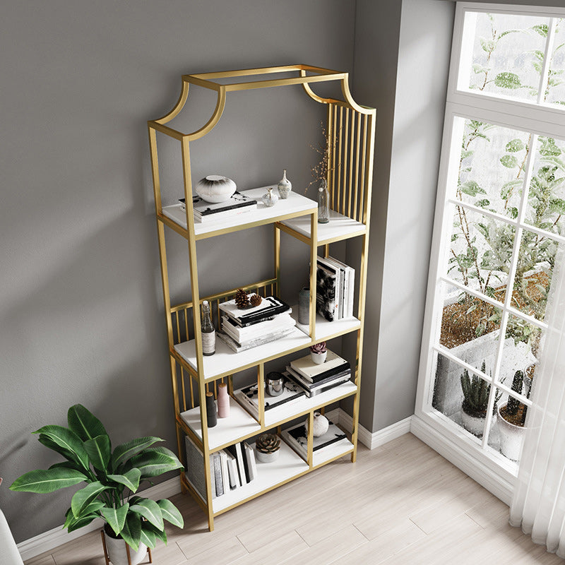 Gold Iron Frame Geometric Bookshelf Vertical Open Bookcase with Manufactured Wood Shelf