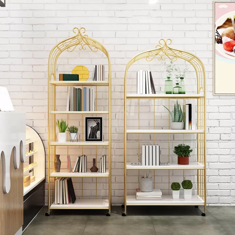 Gold Vertical Bookshelf Iron Frame Solid Wood Shelf Bookcase with Caster Wheels