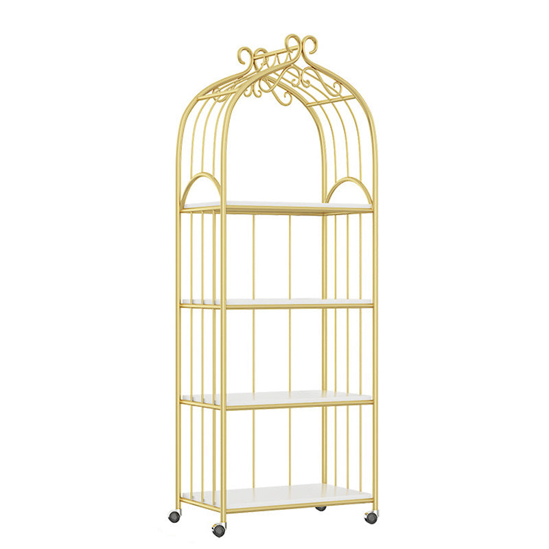 Gold Vertical Bookshelf Iron Frame Solid Wood Shelf Bookcase with Caster Wheels