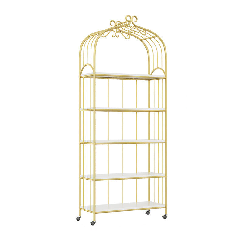 Gold Vertical Bookshelf Iron Frame Solid Wood Shelf Bookcase with Caster Wheels