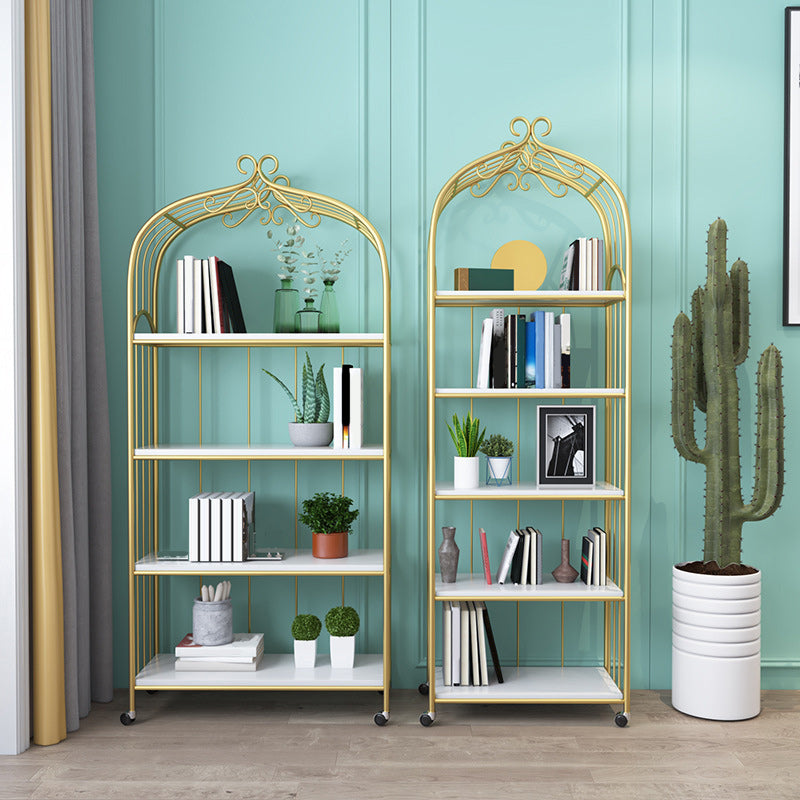 Gold Vertical Bookshelf Iron Frame Solid Wood Shelf Bookcase with Caster Wheels