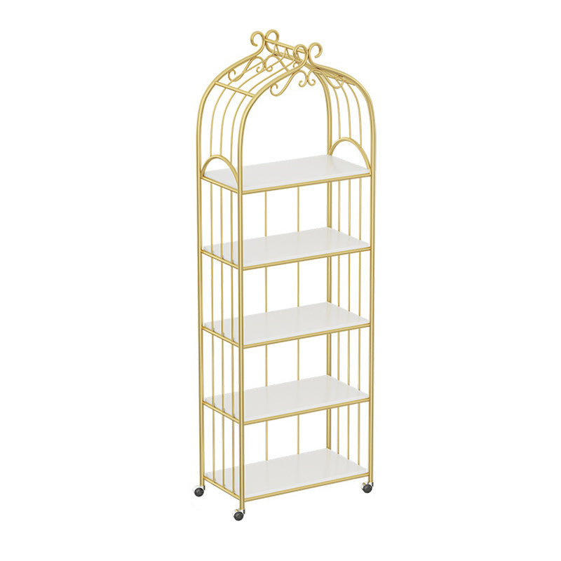 Gold Vertical Bookshelf Iron Frame Solid Wood Shelf Bookcase with Caster Wheels