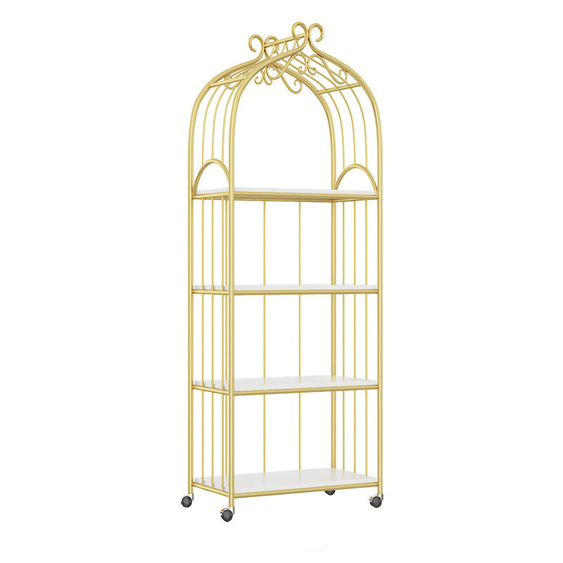 Gold Vertical Bookshelf Iron Frame Solid Wood Shelf Bookcase with Caster Wheels