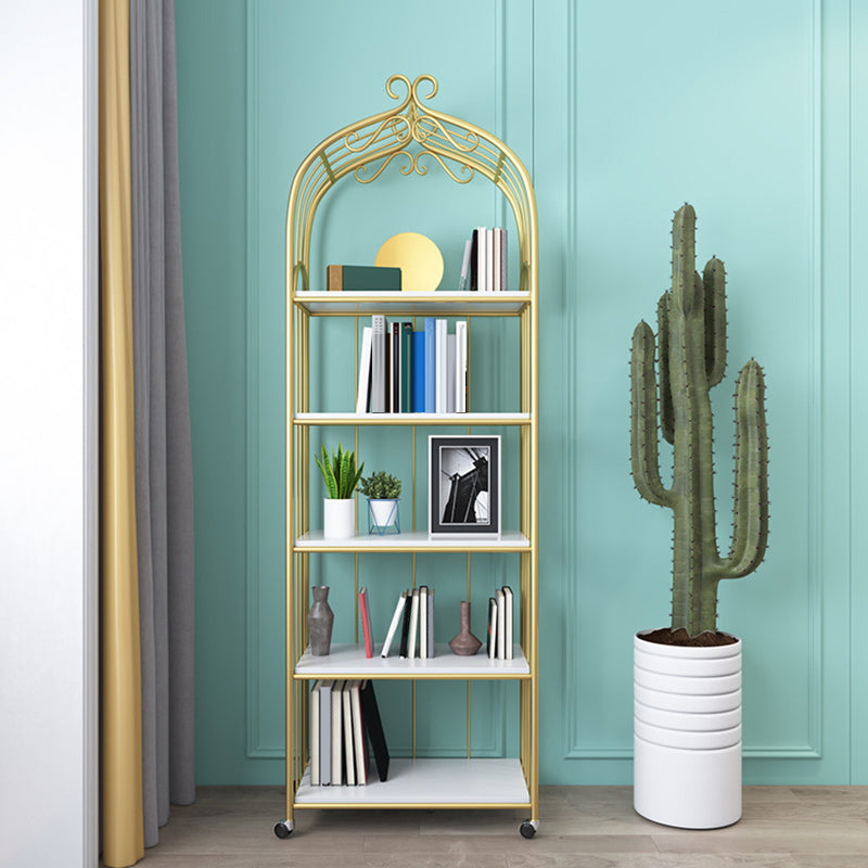 Gold Vertical Bookshelf Iron Frame Solid Wood Shelf Bookcase with Caster Wheels