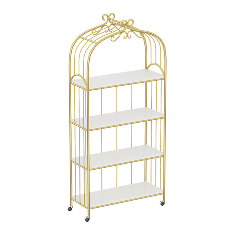 Gold Vertical Bookshelf Iron Frame Solid Wood Shelf Bookcase with Caster Wheels