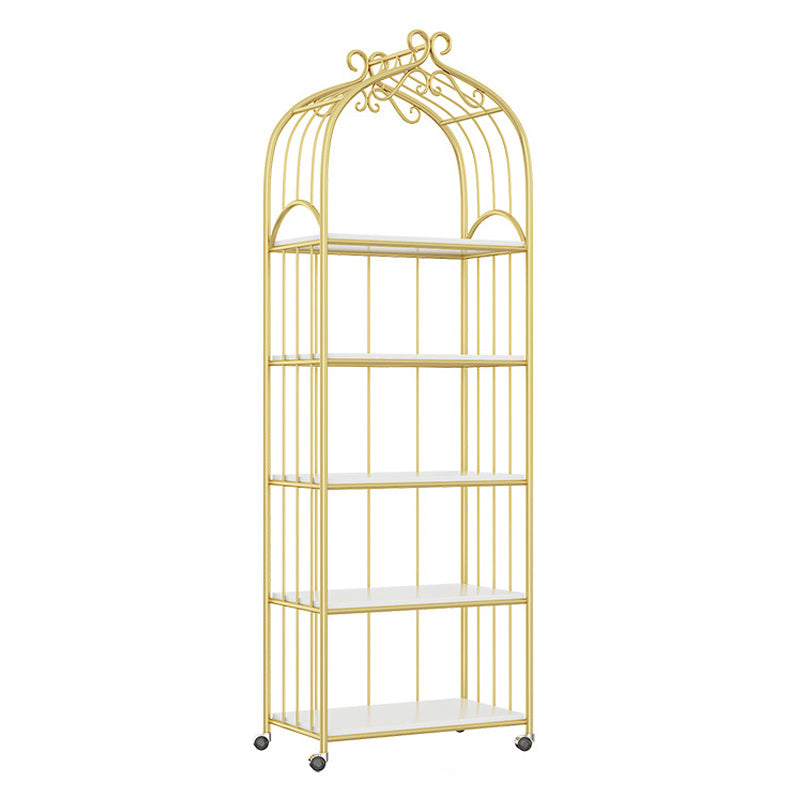 Gold Vertical Bookshelf Iron Frame Solid Wood Shelf Bookcase with Caster Wheels