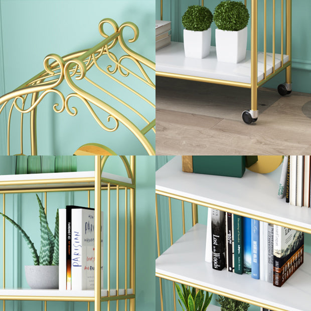 Gold Vertical Bookshelf Iron Frame Solid Wood Shelf Bookcase with Caster Wheels