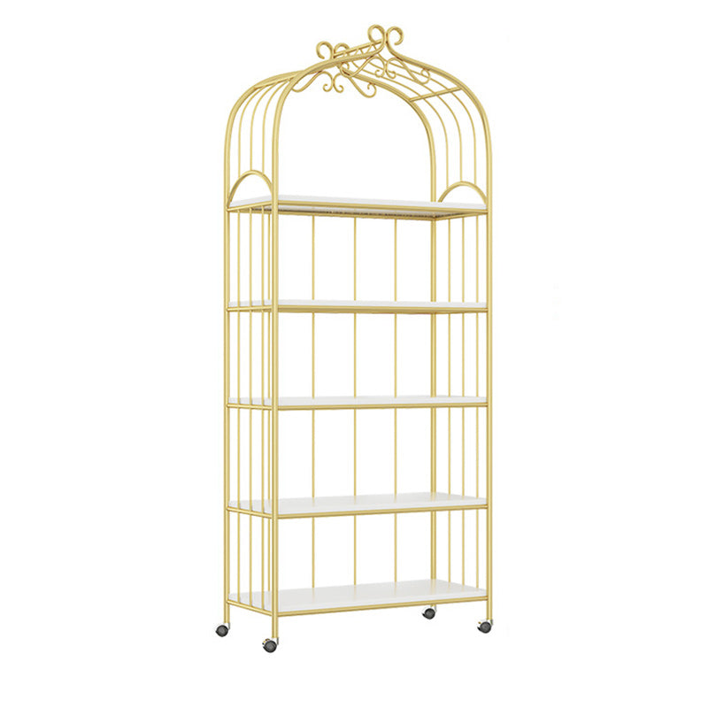 Gold Vertical Bookshelf Iron Frame Solid Wood Shelf Bookcase with Caster Wheels