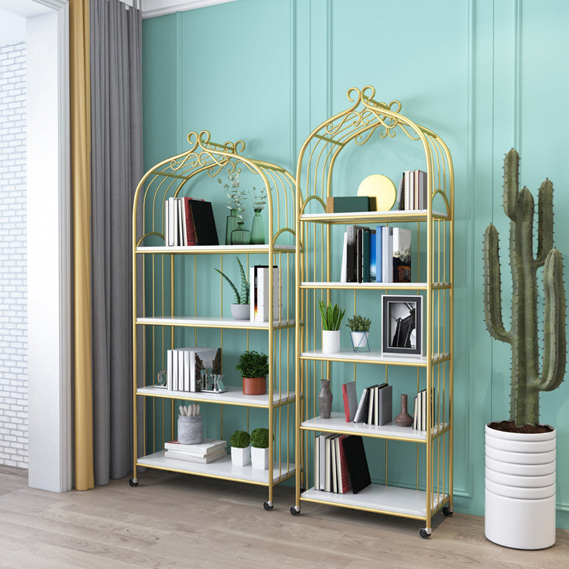 Gold Vertical Bookshelf Iron Frame Solid Wood Shelf Bookcase with Caster Wheels
