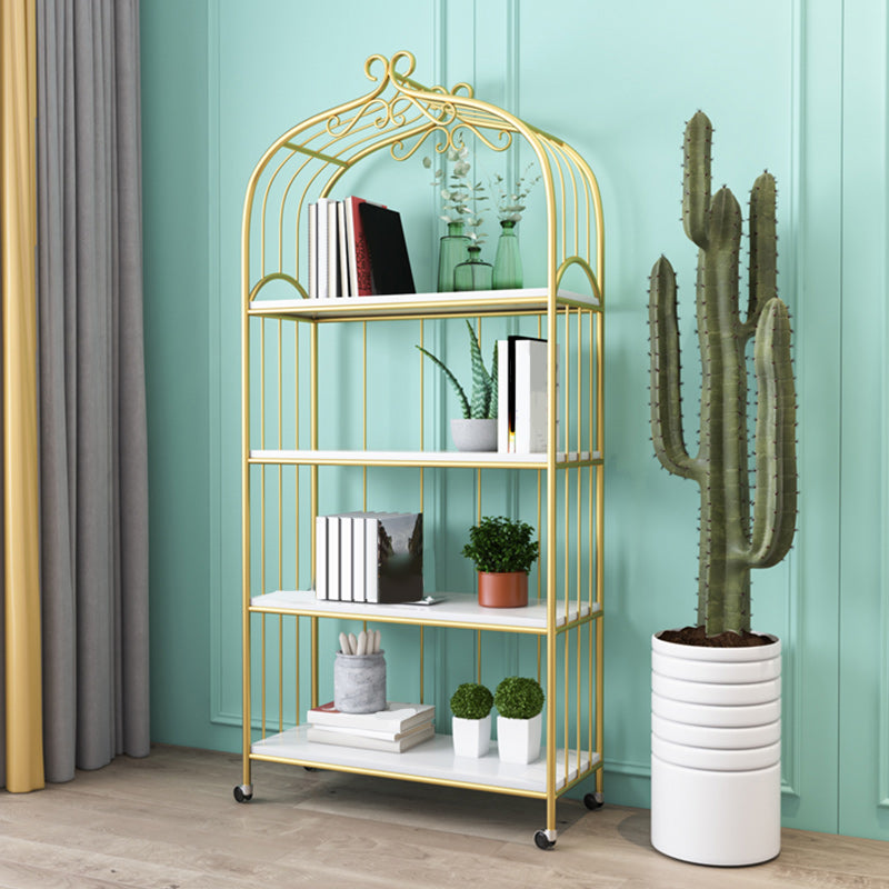 Gold Vertical Bookshelf Iron Frame Solid Wood Shelf Bookcase with Caster Wheels