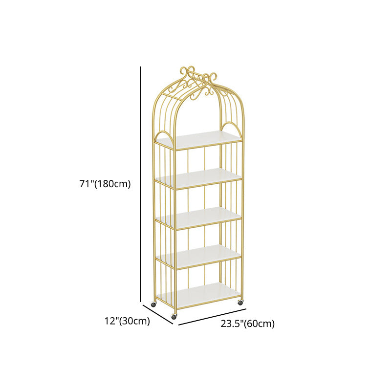 Gold Vertical Bookshelf Iron Frame Solid Wood Shelf Bookcase with Caster Wheels