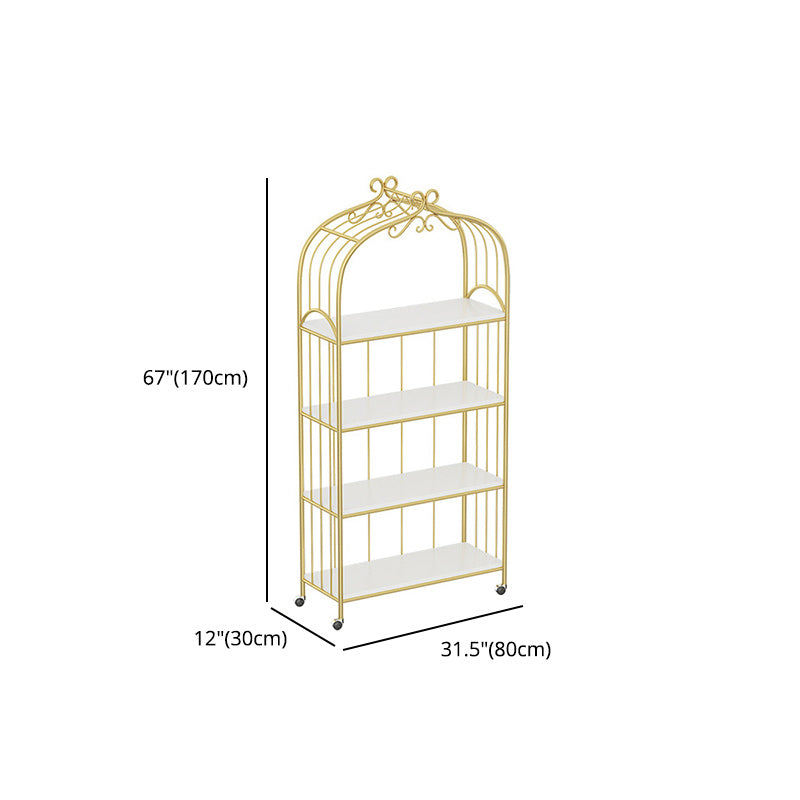 Gold Vertical Bookshelf Iron Frame Solid Wood Shelf Bookcase with Caster Wheels