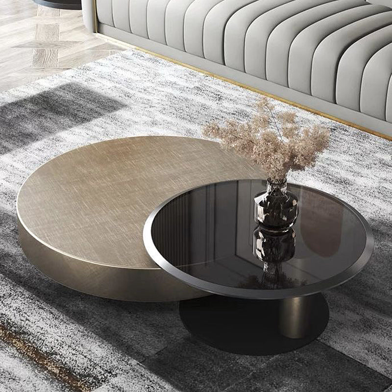 Block Base Design Cocktail Table Gold Metal Top Black Base Round Coffee Table