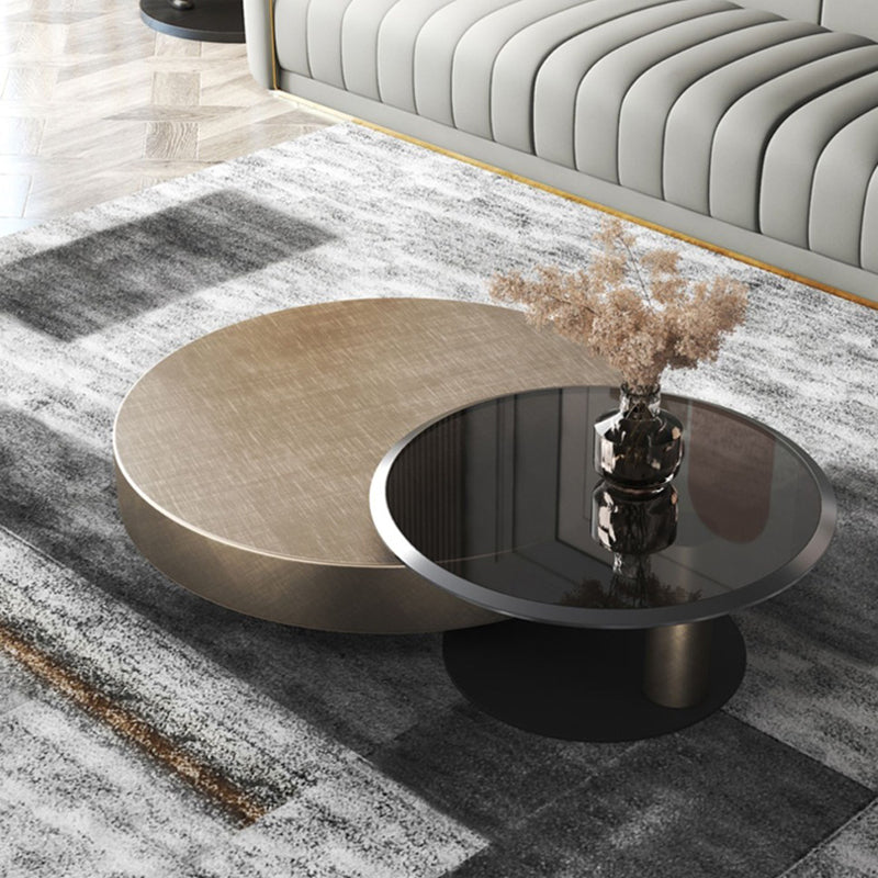 Block Base Design Cocktail Table Gold Metal Top Black Base Round Coffee Table