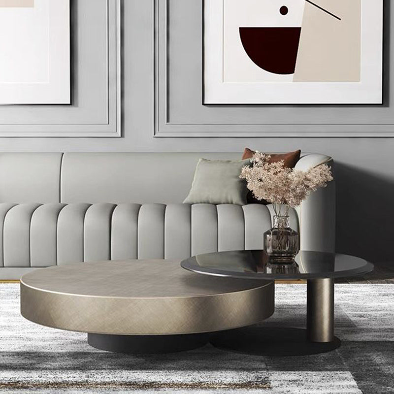 Block Base Design Cocktail Table Gold Metal Top Black Base Round Coffee Table