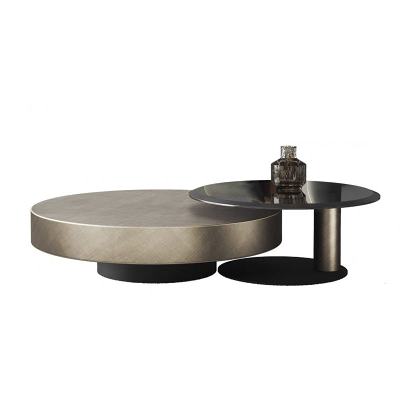 Block Base Design Cocktail Table Gold Metal Top Black Base Round Coffee Table