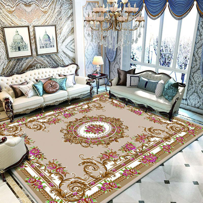 Dark Red Extravagant Rug Polyester Graphic Area Rug Non-Slip Backing Rug for Drawing Room