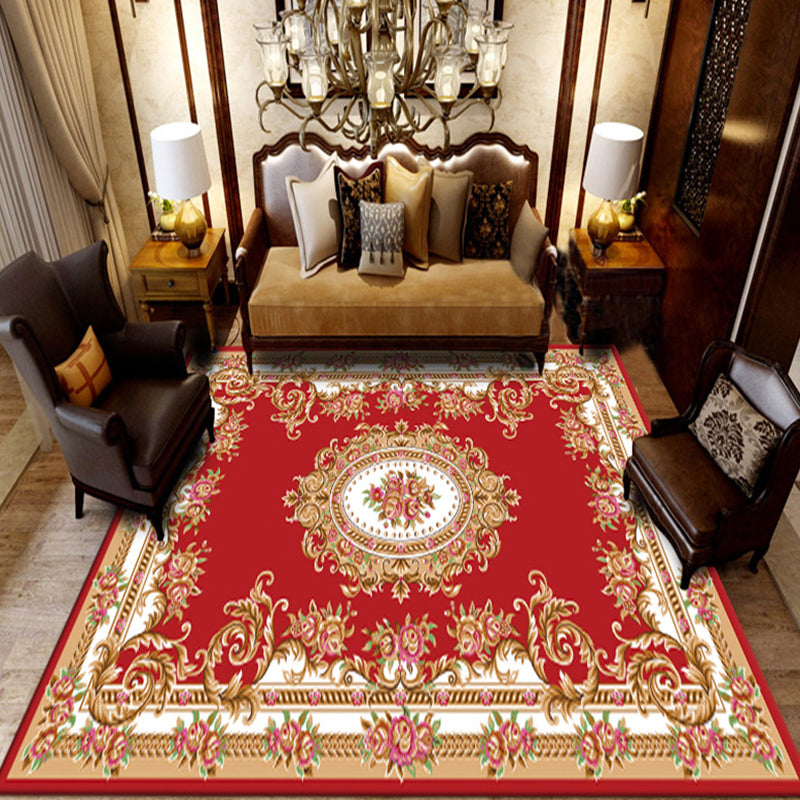 Dark Red Extravagant Rug Polyester Graphic Area Rug Non-Slip Backing Rug for Drawing Room