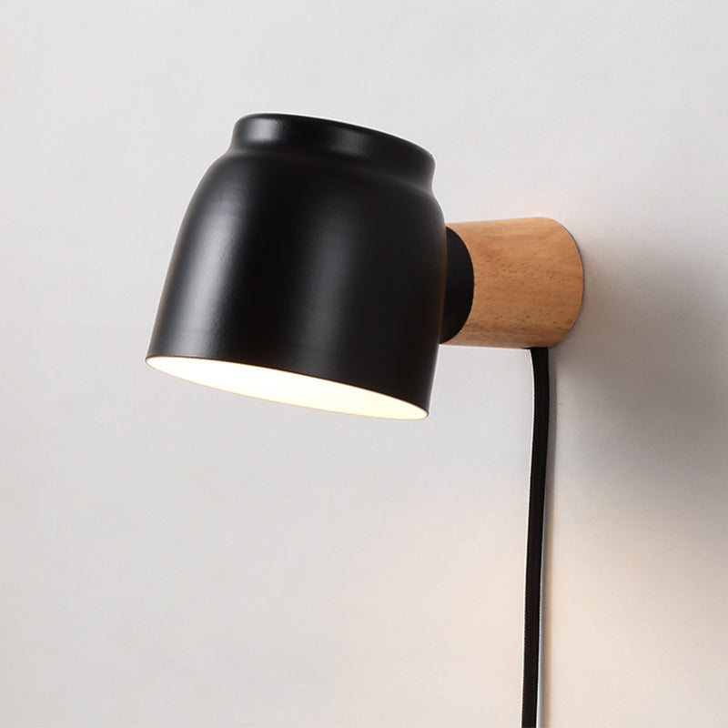 Nordic Wood Wall Light Geometric Metal Shade Wall Sconce with Switch for Bedroom