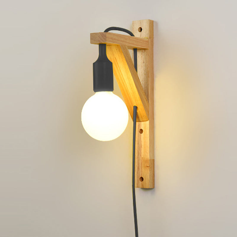 Nordic Wood Wall Light Geometric Metal Shade Wall Sconce with Switch for Bedroom