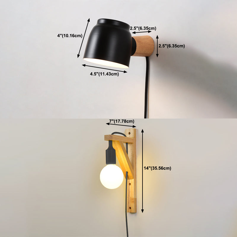 Nordic Wood Wall Light Geometric Metal Shade Wall Sconce with Switch for Bedroom