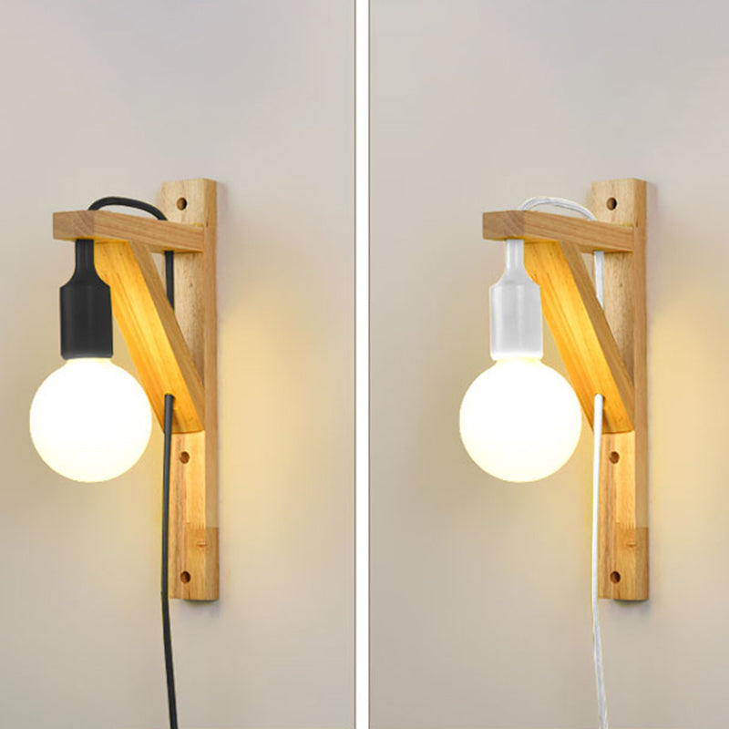 Nordic Wood Wall Light Geometric Metal Shade Wall Sconce with Switch for Bedroom