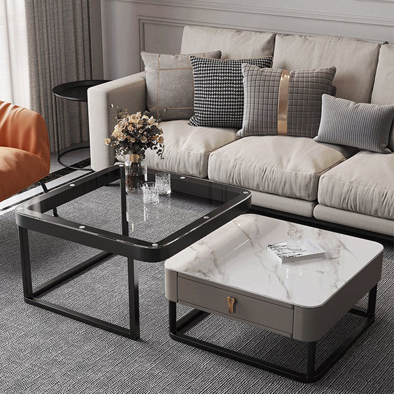 Coffee Table with a Black Frame Base Made of Glass and Rock Sheet and a Square Top