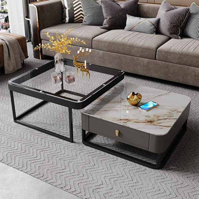 Coffee Table with a Black Frame Base Made of Glass and Rock Sheet and a Square Top
