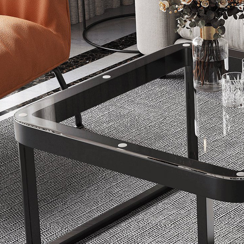 Coffee Table with a Black Frame Base Made of Glass and Rock Sheet and a Square Top