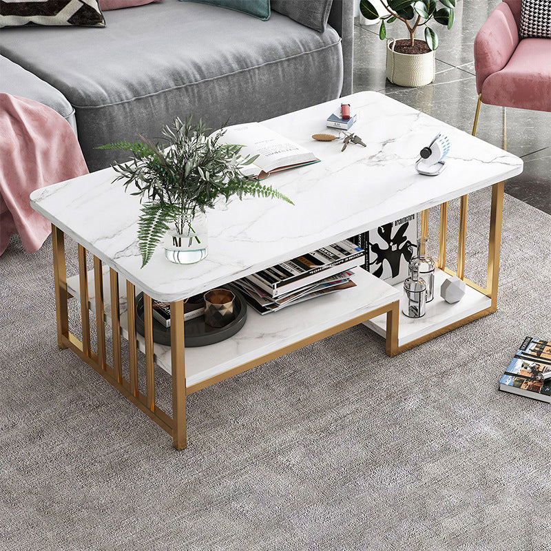 Modern Metal Marble Coffee Table Rectangle Cocktail Table with Shelf