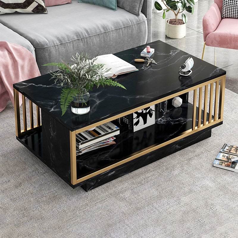 Modern Metal Marble Coffee Table Rectangle Cocktail Table with Shelf