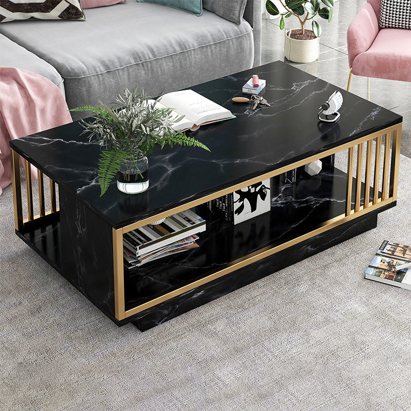 Modern Metal Marble Coffee Table Rectangle Cocktail Table with Shelf