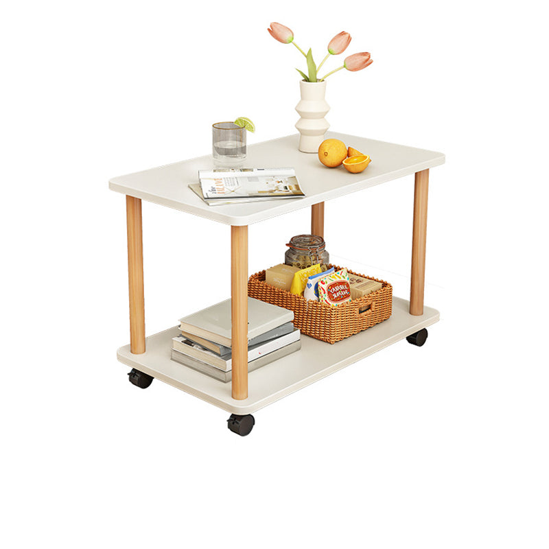 Rectangular 4 Legs Side Table Natural/White One-Shelf End Table with Wheels