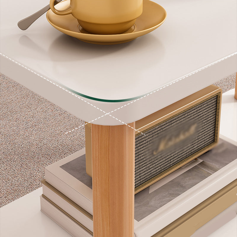 Rectangular 4 Legs Side Table Natural/White One-Shelf End Table with Wheels