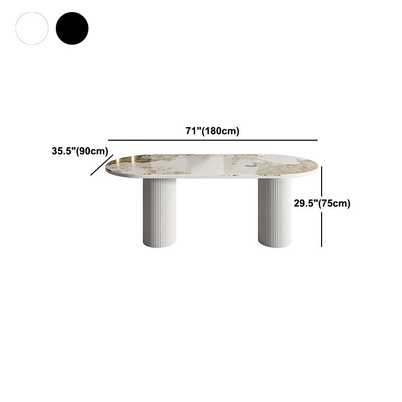 Table de salle à manger ovale moderne avec dessus en pierre et double piédestal en métal