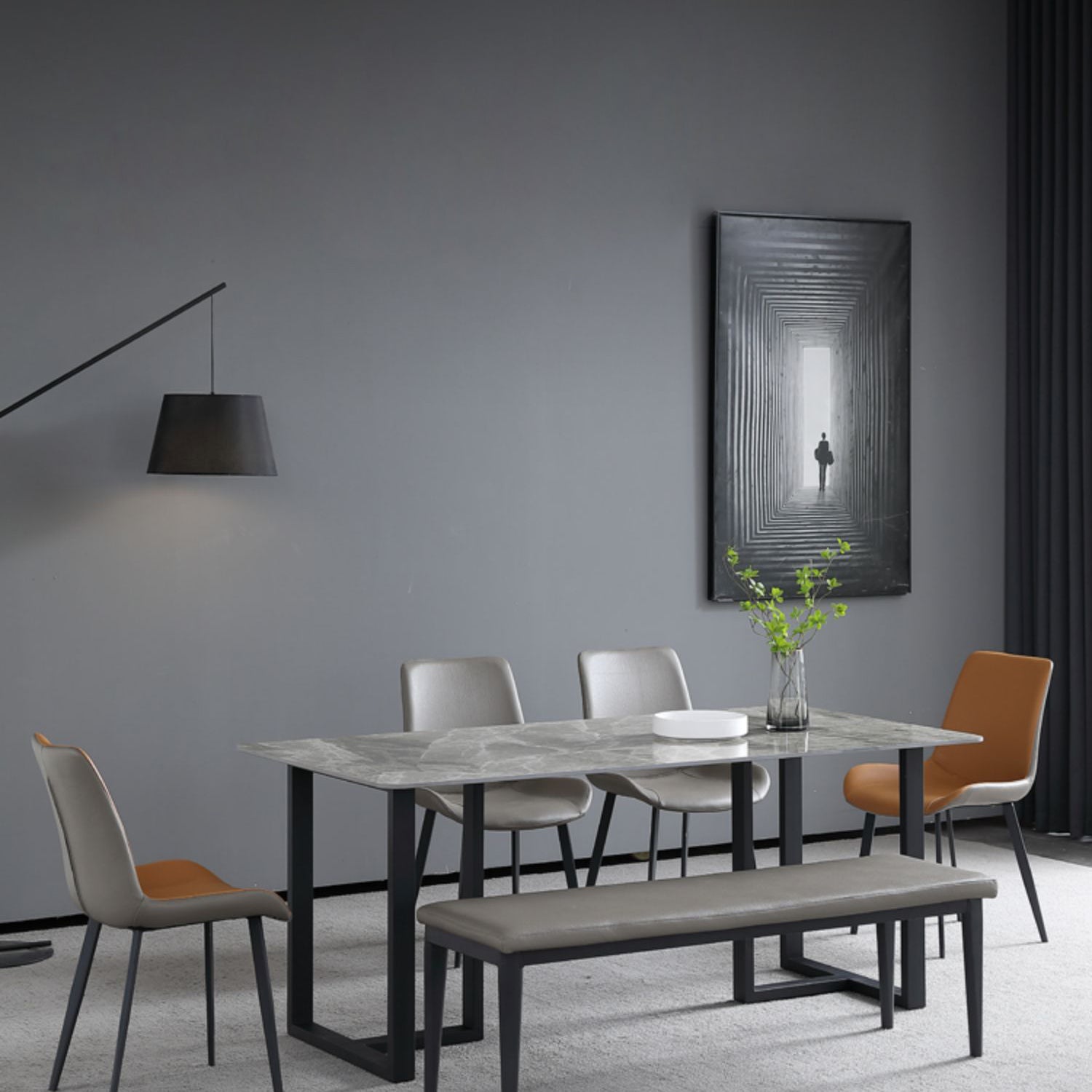 Industrial Grey Table for Restaurant Rectangle Dining Table with Double Pedestal