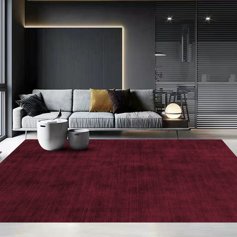 Dark Red Modern Rug Polyester Pure Color Rug Stain Resistant Rug for Living Room